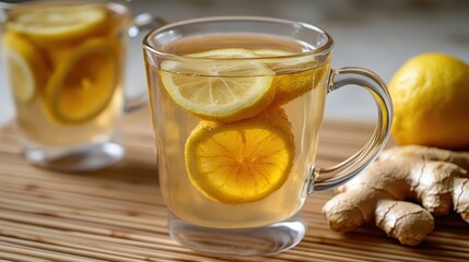 Refreshing Ginger Lemon Tea in Clear Glass Mug with Slices