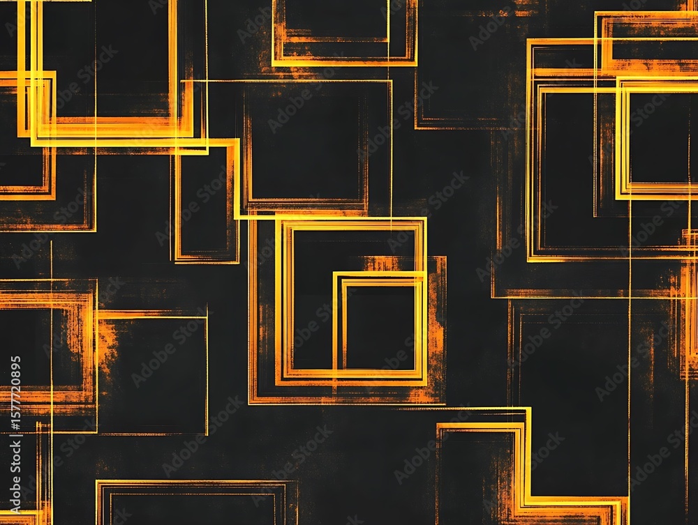 Poster holographic rectangles rotating across a matte black background with shifting amber outlines