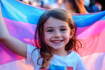 A joyful child holding a flag at a pride march.
