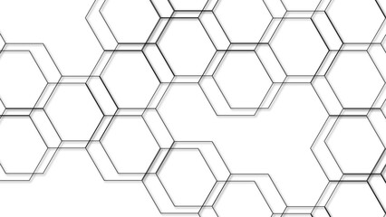 Abstract seamless geometric background with interconnected hexagons outlined in thin gray lines on a white backdrop. Clean, modern, and minimalistic, suitable for tech, scientific, or architectural