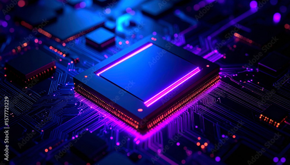 Poster a close-up of a powerful microchip with intricate circuits, glowing with neon lights