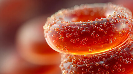Close-up of sugar-coated orange gummy rings stacked against a soft, colorful backdrop