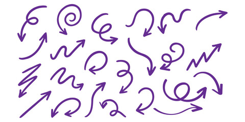 Arrows hand drawn doodle icons set. Curved cartoon arrows sketches collection. Flat and thin pointers illustrations. Scribble swirl arrow signs.