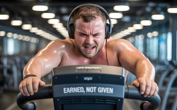 Sweaty Determined Man Intensely Working Out on Rowing Machine in Gym