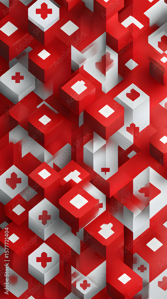 Poster abstract composition of 3d red and white geometric cubes with cross motifs and modern design