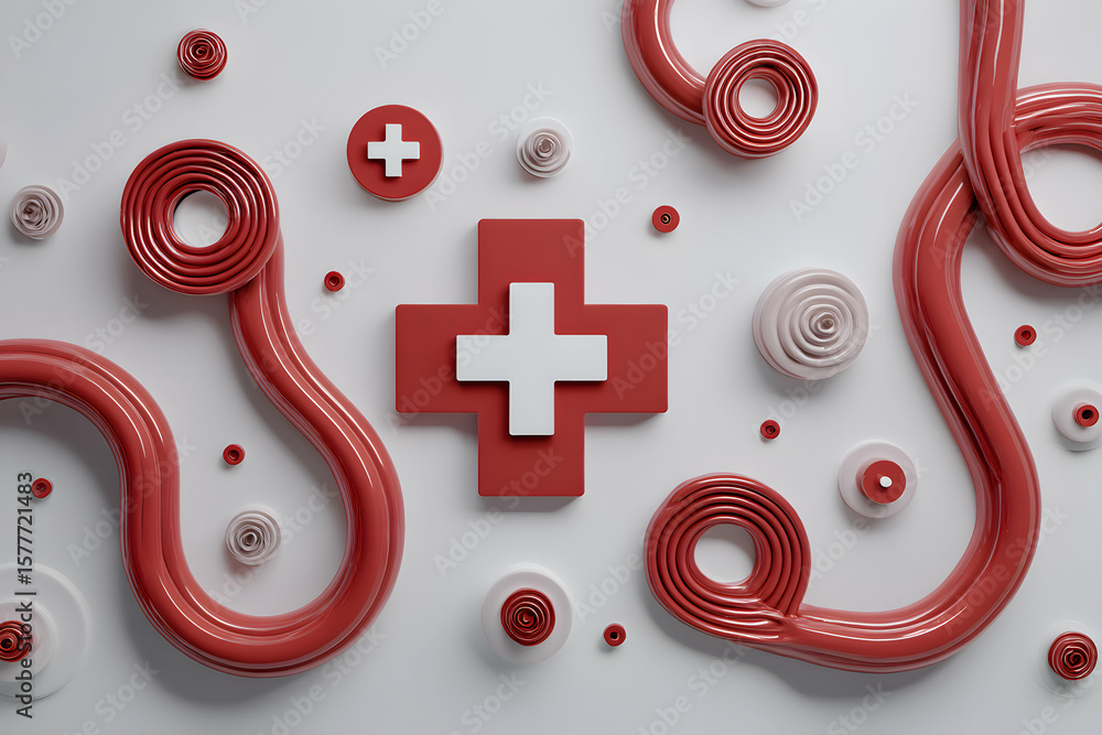 Poster abstract representation of swiss red cross symbol surrounded by geometric shapes and patterns