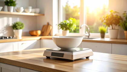 White Bowl on Wooden Kitchen Scale in Sunlit Kitchen.indoor, house, kitchen, measuring, preparation, ingredient, photo, bowl, cooking, food, balance, horizontal, image, minimalist, molecule, 