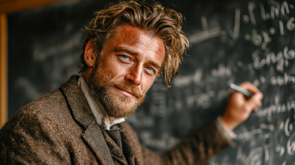 Fototapeta premium A focused male teacher writing complex equations on a large chalkboard, captured in a warm-toned classroom environment filled with mathematical formulas