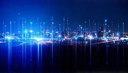 An abstract night cityscape showcasing connected digital network. The cityscape glows with bright lights and network node connection, representing modern technology.
