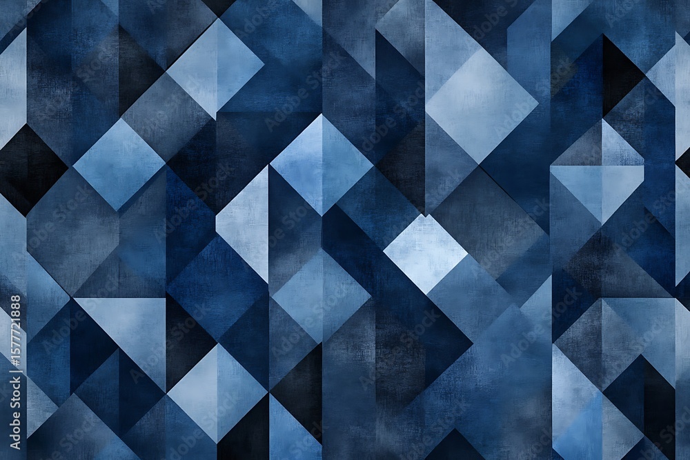Poster interlocking sapphire blue triangles and dark gray rhombuses arranged in a tessellating pattern, cre