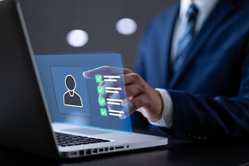 Businessman interacting with a digital interface displaying a user profile and checklist with completed tasks on a laptop screen representing digital onboarding or task management