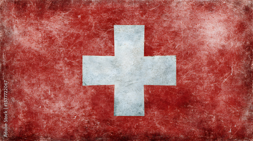 Poster artistic representation of the swiss flag with a distinctive cross and textured background