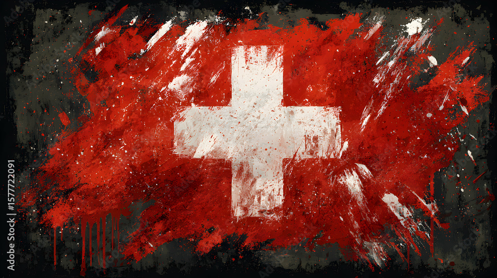 Poster artistic representation of the swiss flag on a textured background with distressed elements