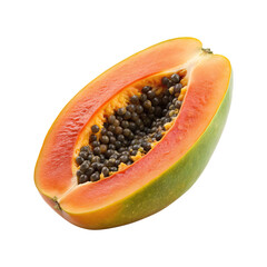 Half Cut Papaya Fruit Showing Seeds and Juicy Flesh on Transparent background