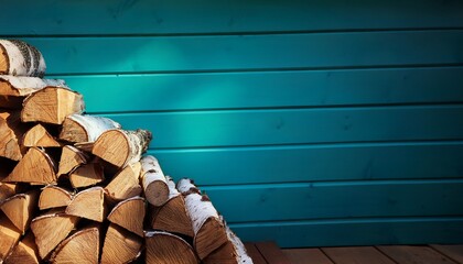 stacked firewood against wooden wall woodpile of birch firewood in countyside