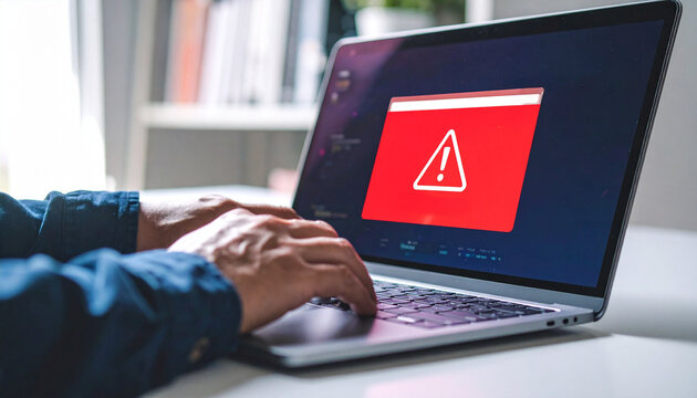 A laptop displaying a warning icon, indicating a potential issue or security threat. Hands typing on the keyboard