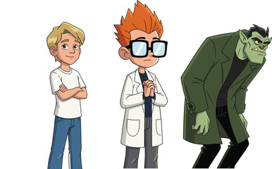 Cartoon scientist, green monster, casual boy, animated character lineup, vibrant illustration, creative design, fantasy artwork, fun and expressive styles