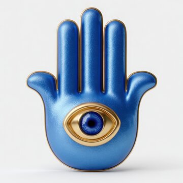 A vibrant blue hamsa hand with a golden eye symbol for protection against evil isolated on white background