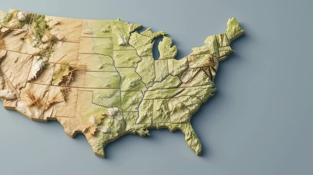 A three-dimensional relief map of the United States, showcasing its varied topography and state boundaries.