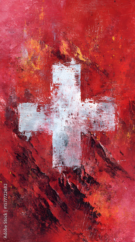 Poster textured abstract representation of the swiss flag with a white cross and vibrant red background