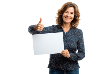 Happy woman showing blank sign, thumbs up