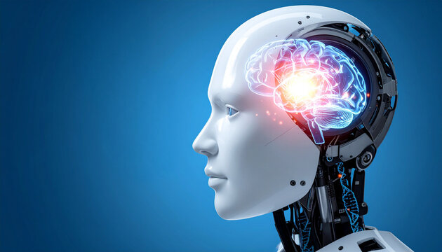 Artificial Intelligence Robot Portrait with glowing brain. A futuristic robot head with a digital brain graphic, symbolizing AI and advanced technology