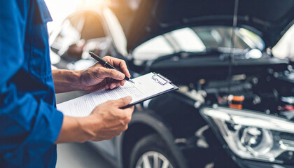 A mechanic is carefully inspecting a car engine, taking notes on a clipboard. The scene suggests automotive expertise and attention to detail. The light creates a sense of clarity