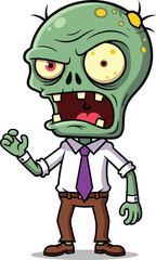 Cartoon zombie in business attire, spooky undead character, funny green monster, Halloween illustration, vector art design for digital projects
