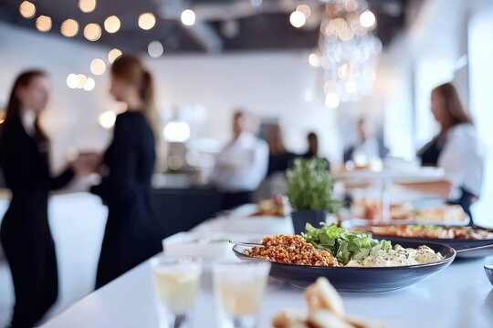 A vibrant corporate catering event showcasing a delightful spread of food.