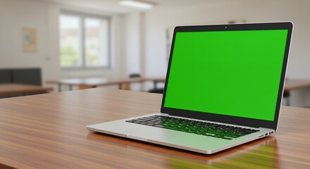 Fototapeta premium Modern Silver Laptop with Green Screen on Wooden Desk in Bright Office