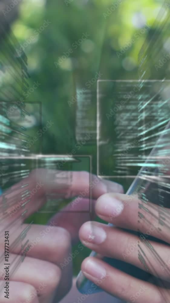 Poster animation of data processing over boy using smartphone