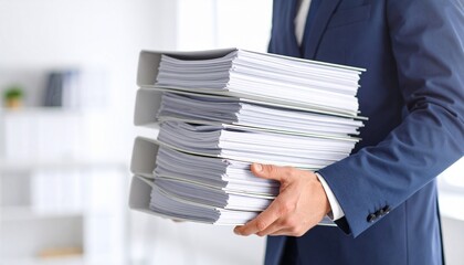 A person in a business suit holding a stack of files. A person, likely a professional, carries a large amount of documents