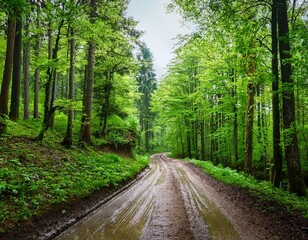 Fototapeta premium scenic dirt road through lush green forest in spring after rainfall