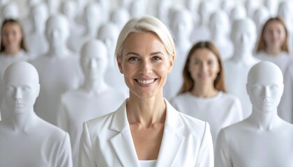 Obraz premium Confident businesswoman standing out from the crowd of mannequins, smiling warmly at the camera
