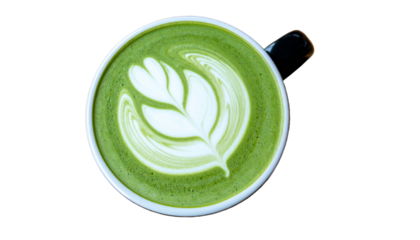 A cup of matcha latte art, top view. The latte art has leaf shape on it, creating a calm and pleasing aesthetic.