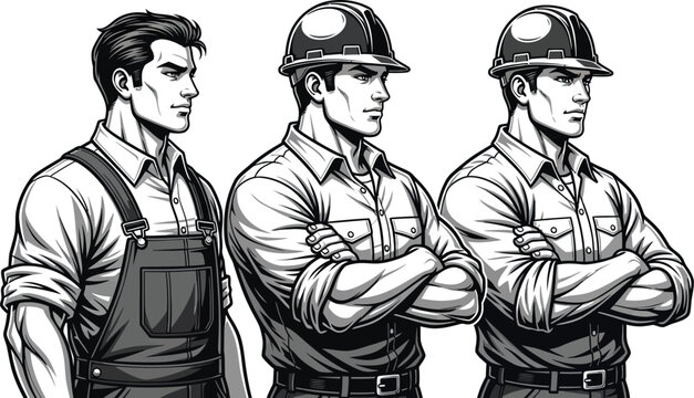 Three men in work attire standing in a row looking to the right