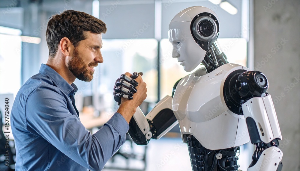 Poster a man and a robot doing handshake in workplace. a robot and a man shaking hands, concept of future a