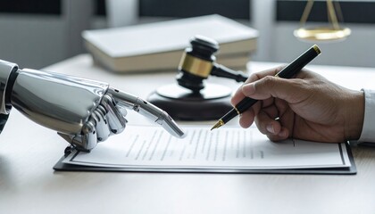 A human hand signing a legal document assisted by robot