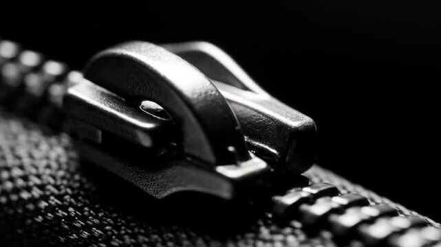 Metallic zipper hardware gleams in darkness