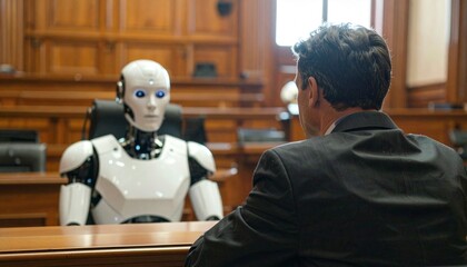 A robot facing a man in a courtroom, creating a sense of anticipation and legal proceedings. The courtroom setting adds a layer of formality to the encounter