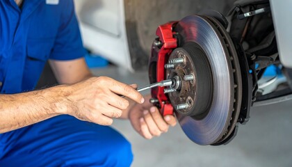 Obraz premium A mechanic repairs a car wheel brake