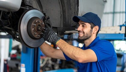 A cheerful mechanic is repairing a car's brake system, showcasing his expertise and professionalism.
