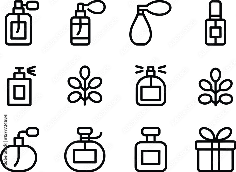 Aufkleber collection of simple line icons representing perfume bottles and botanical elements