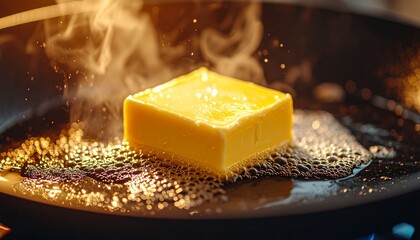 A close-up shot of a golden cube of butter melting in a hot pan, creating a mesmerizing visual effect. The steam rises as the butter transitions from solid to liquid state