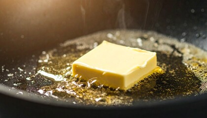 A close-up shot of butter melting in a hot pan, creating a sense of warmth and culinary preparation