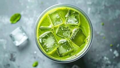 Refreshing iced matcha latte in a clear glass with ice cubes.  A sprig of matcha leaves adds a touch of elegance.