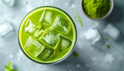 Refreshing Iced Matcha Latte with Ice Cubes