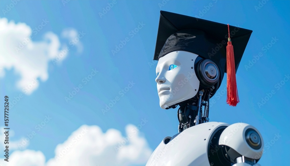 Poster a robot with graduation hat and thoughtful expression against a sky background. this image conveys a