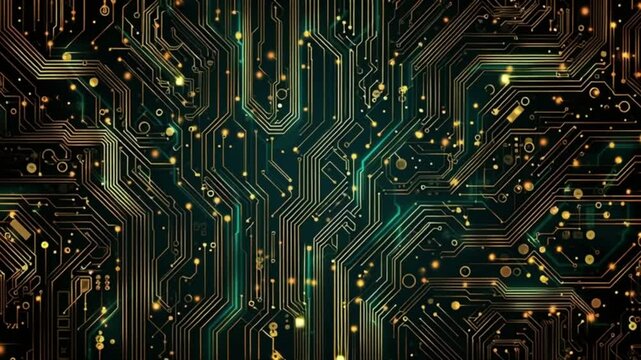 Electronic Circuit Board Animation Background Featuring Complex Connections and Data Flow