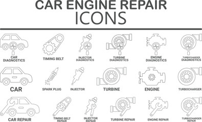 Fototapeta premium Car engine repair Line art icons Set, such as turbocharger diagnostics, fuel injector, turbine, spark plug, and more. Vector illustration. Easily changes to any color.